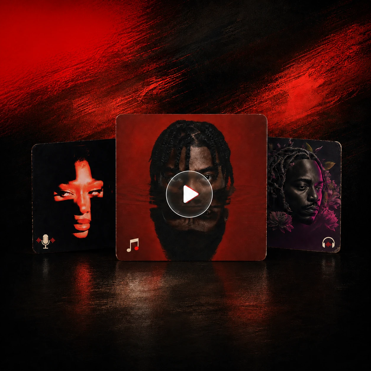 Three overlapping Voice and Music artwork cards with a central play control