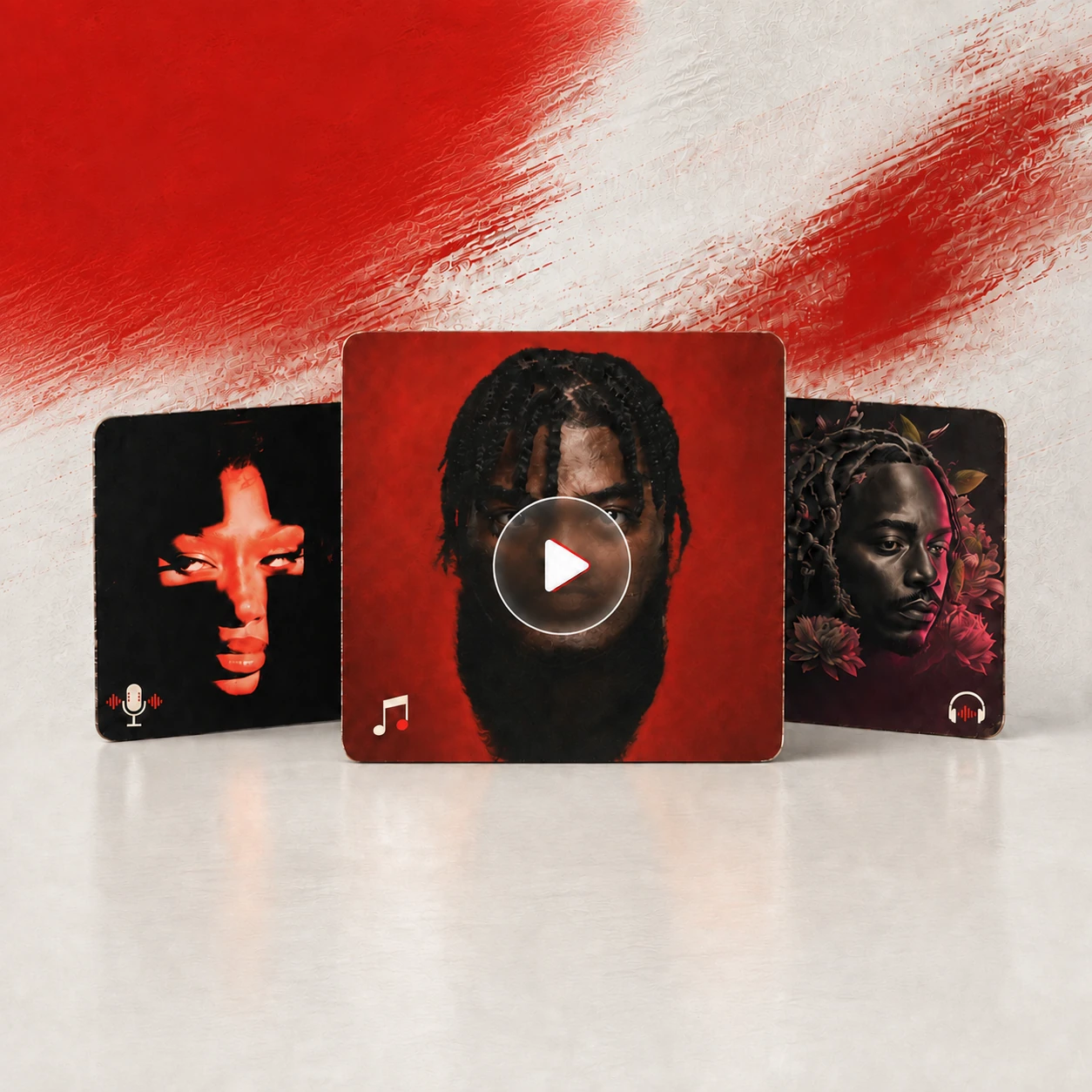 Three overlapping Voice and Music artwork cards with a central play control